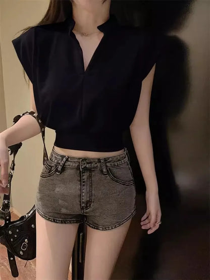 White V-Ne Slim Fit ort Sve T-irt Women's Summer New Sle Small Size Loose Faion Top Korean Sle Commute Wind