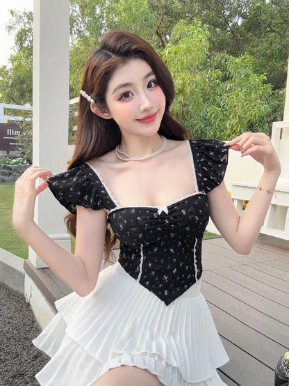 Summer New Pure Desire Sweet Floral Print off oulder Crop Top Slimming  with Chest Pad Versatile Women's Vest