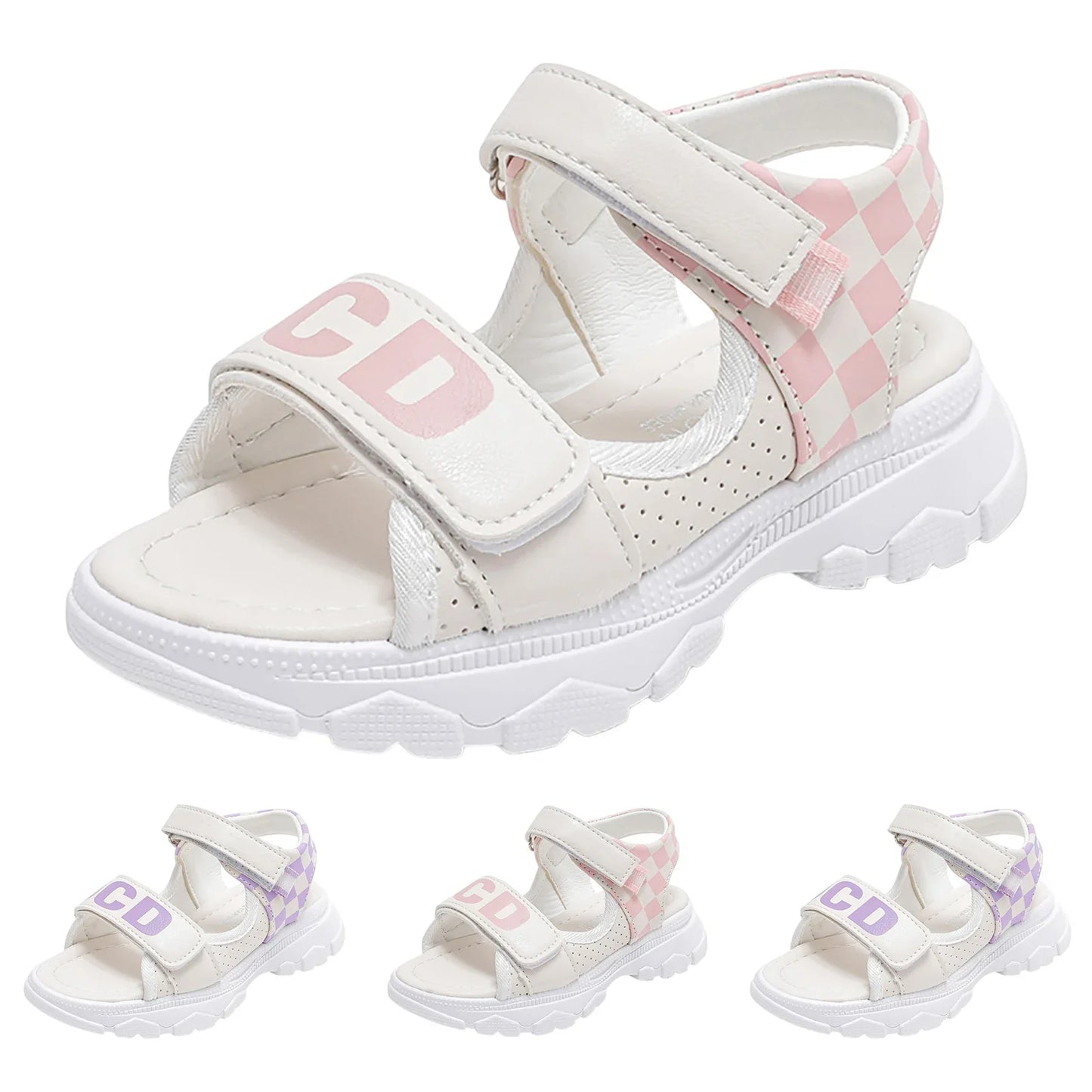 Children's Platform Velcro Sandals Checkerboard Toddler Chunky Heel Platform Sandals Open Toe Outdoor Casual Beach Shoes