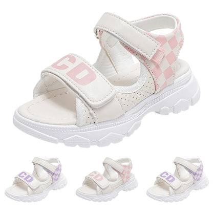 Children's Platform Velcro Sandals Checkerboard Toddler Chunky Heel Platform Sandals Open Toe Outdoor Casual Beach Shoes