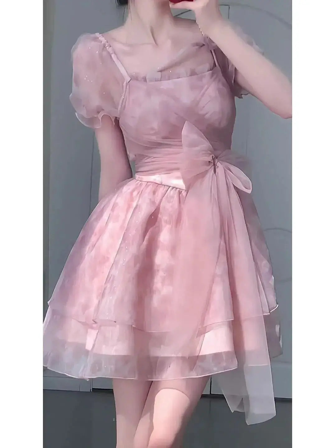 Princ Sle Sweet Fairy T Summer Dr Women's Me Skirt Tea Break  Knot Puffy Skirt ort Sve Square Collar