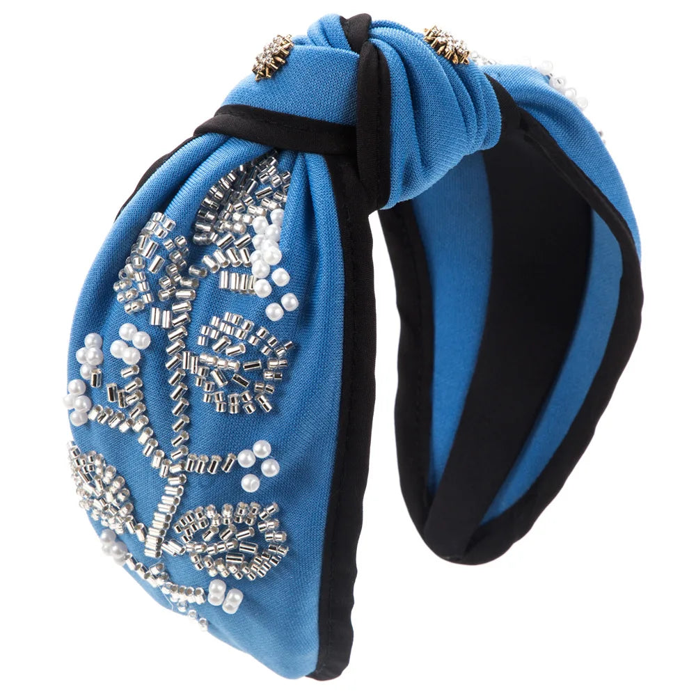 Fashion New Style Wide Brim Knotted Hairband Hand-Stitched Glass Flower Banquet