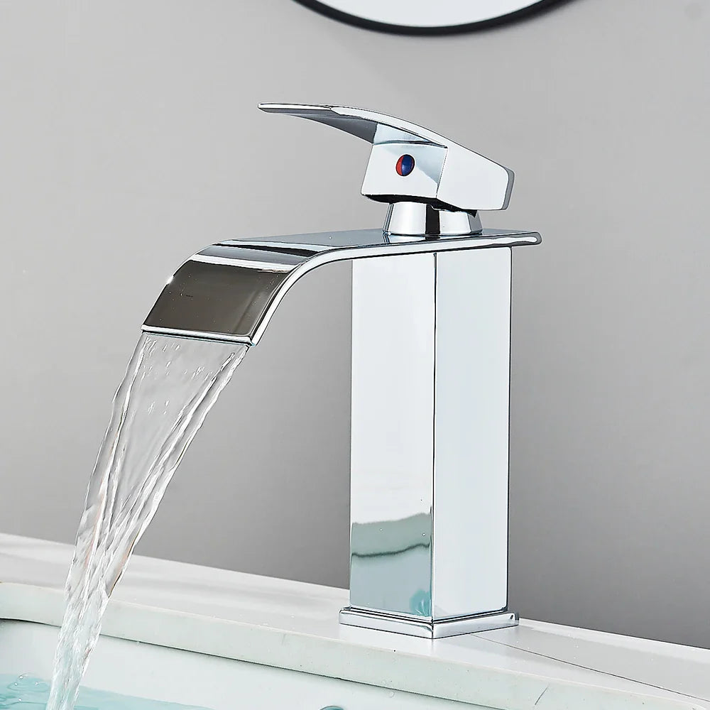 Matte Black Basin Faucet Deck Mounted Single Lever Bathroom Crane Waterfall Brass Bathroom Tap Hot Cold Water Mixer Taps