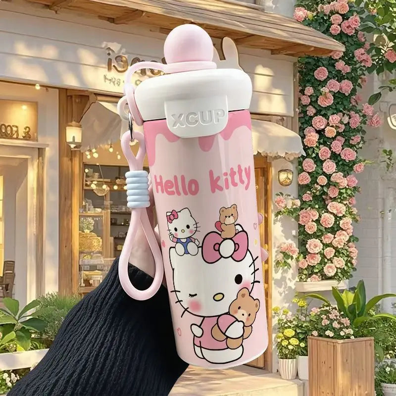 600ml Sanrio Hello Kitty Vacuum Thermos Cup SS316 Insulated Coffee Mug with Lifting Rope Portable Outdoor Drinking Water Kettle