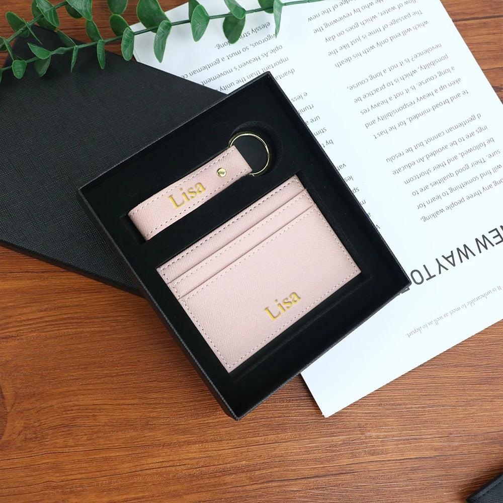 Customized name 1 set of pure color PU leather universal ultra-thin credit card wallet and PU leather keychain gift box set