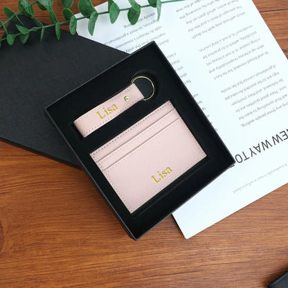 Customized name 1 set of pure color PU leather universal ultra-thin credit card wallet and PU leather keychain gift box set