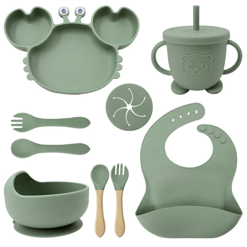 Baby Feeding Set 9PCS Silicone Crab Bowl Plate Spoon Fork Toddler Tableware Kids Dish Infant Utensils