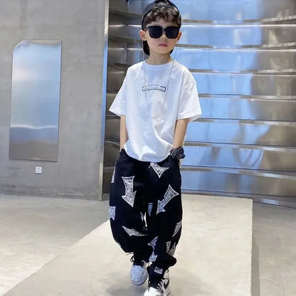 Children's Summer Set Korean Version Boy Hip Hop Loose Short Sleeve T-shirt Casual Mosquito Pants 2-piece Set