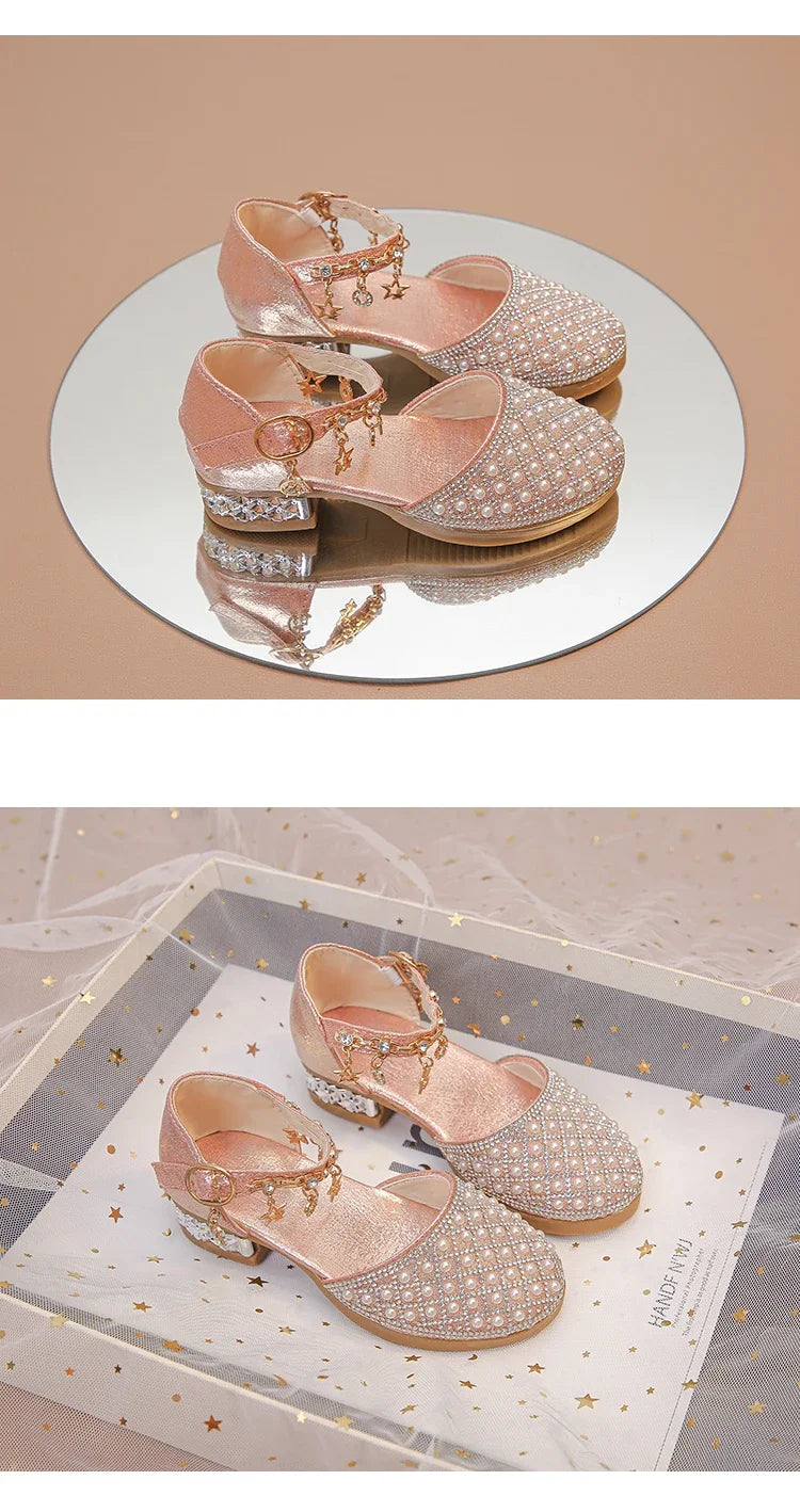 Girls High Heeled Shoes for Wedding Party Glitter Rhinestone Pendants Shiny Glitter Fashion Princess Kids Leather Dress Shoes