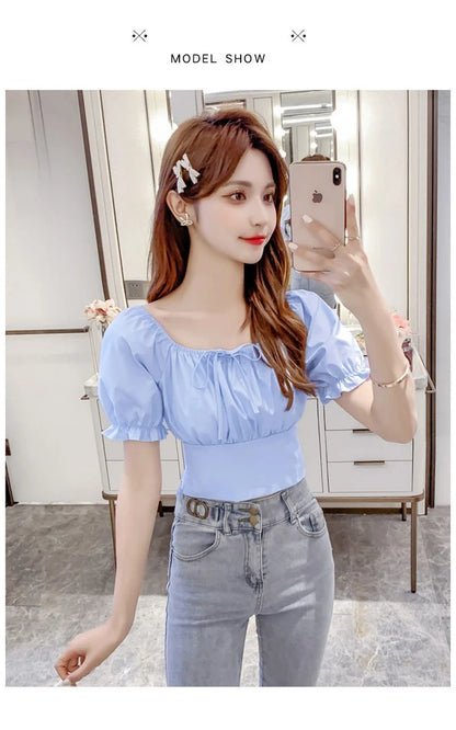 Summer New Fashion Temperament Women Bubble Sleeve Square Collar Shirt Design Sense Of Small Sweet Halter Short Sleeve Top