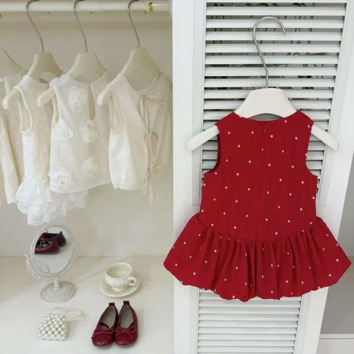 Girls Summer Dresses New Fashionable Casual Daily Sleeveless Floral Print Lightweight Red Bud Dress with Hair Band