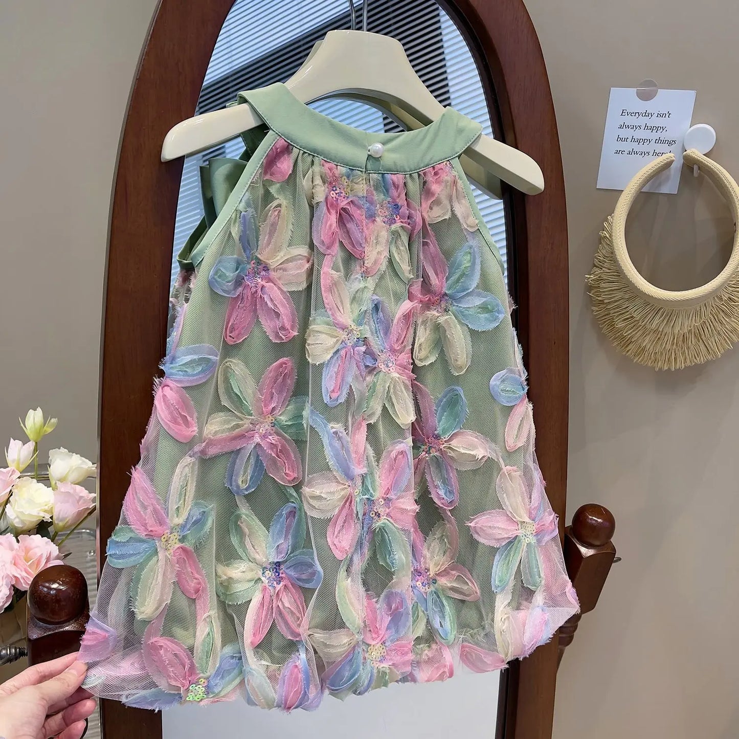 Summer Dress Girl Dresses 2025 Children Clothes Sleeveless Halter Mesh Sequins Bow Princess Dress Toddler Colorful Flower Dress
