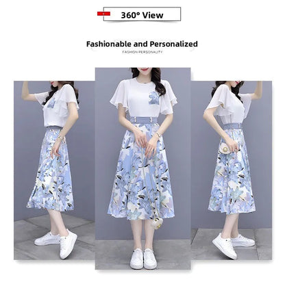 Floral Print Chiffon Dr Set Women's Summer Faion Slimming ular f-length Skirt Two-piece Set round Ne ort Sve