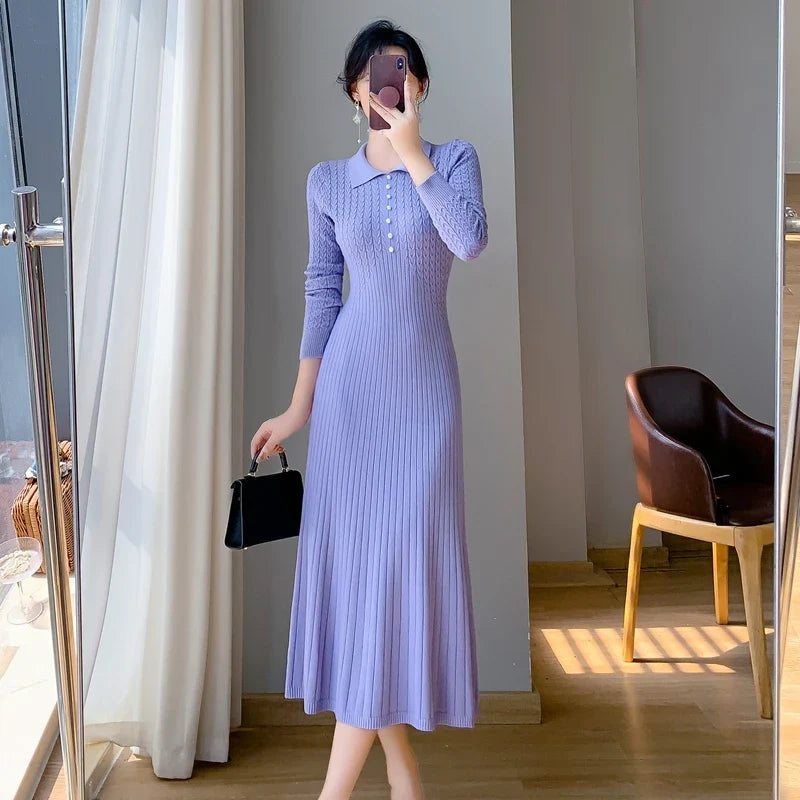 Sweater Dress Women New  Autumn Winter Purple White Or Black High Waist A Line Dress Elegant Long Knitted Dress (Available)