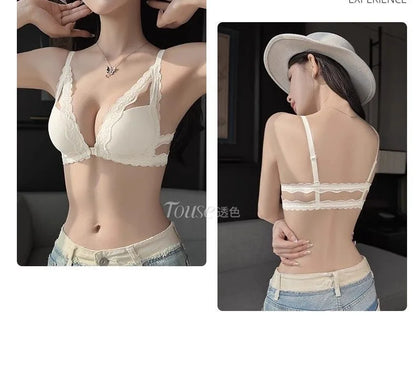 Front button underwear ladies small breasts gathered 2025 spring summer new sexy pure lace white beautiful back bra set