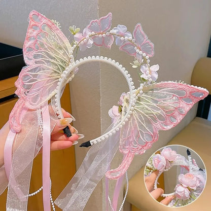 Fresh Sweet Butterfly Flowers Hairband Pearl Beads Silk Ribbon Floral Headwear Fairy Hair Jewelry Decorative Headwear Women Wear