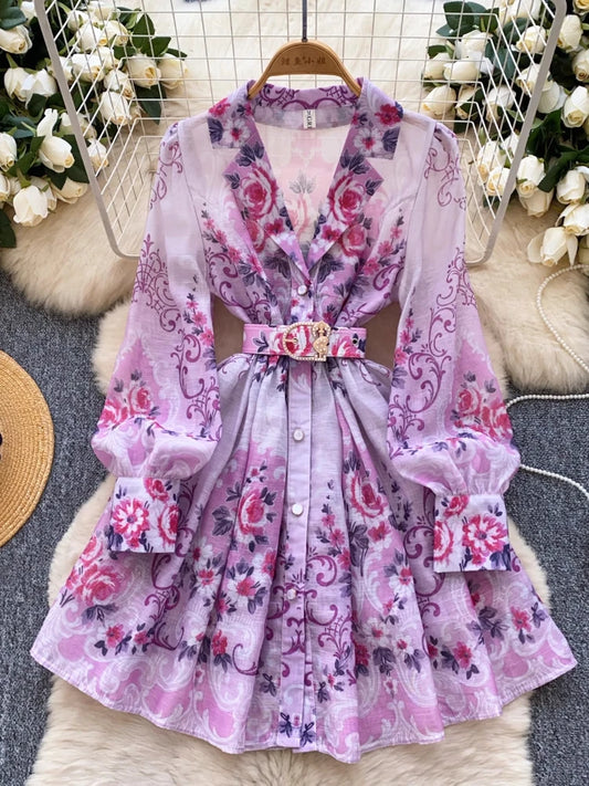 France Elegant Vintage Palace Evening Dress Women Sashes Button Print Short Party Dress Female Casual Chic Festival Clothing New