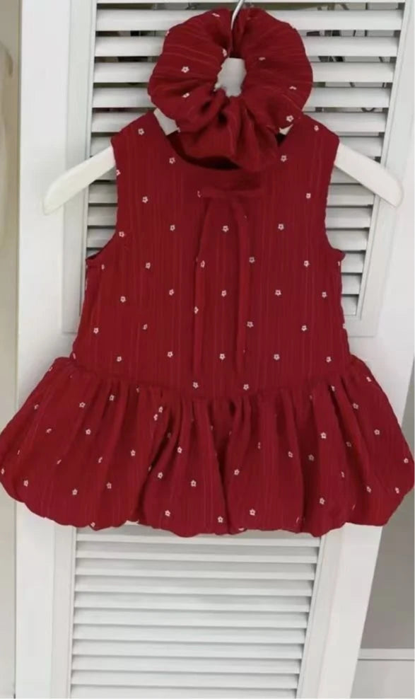 Girls Summer Dresses New Fashionable Casual Daily Sleeveless Floral Print Lightweight Red Bud Dress with Hair Band