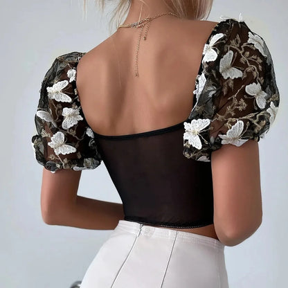 Women Summer Sexy Mesh Flower Embroidery Design Puff Sleeve Fishbone Corset Ins Style Slim-fit Sweet Spice Girl Short Crop Tops