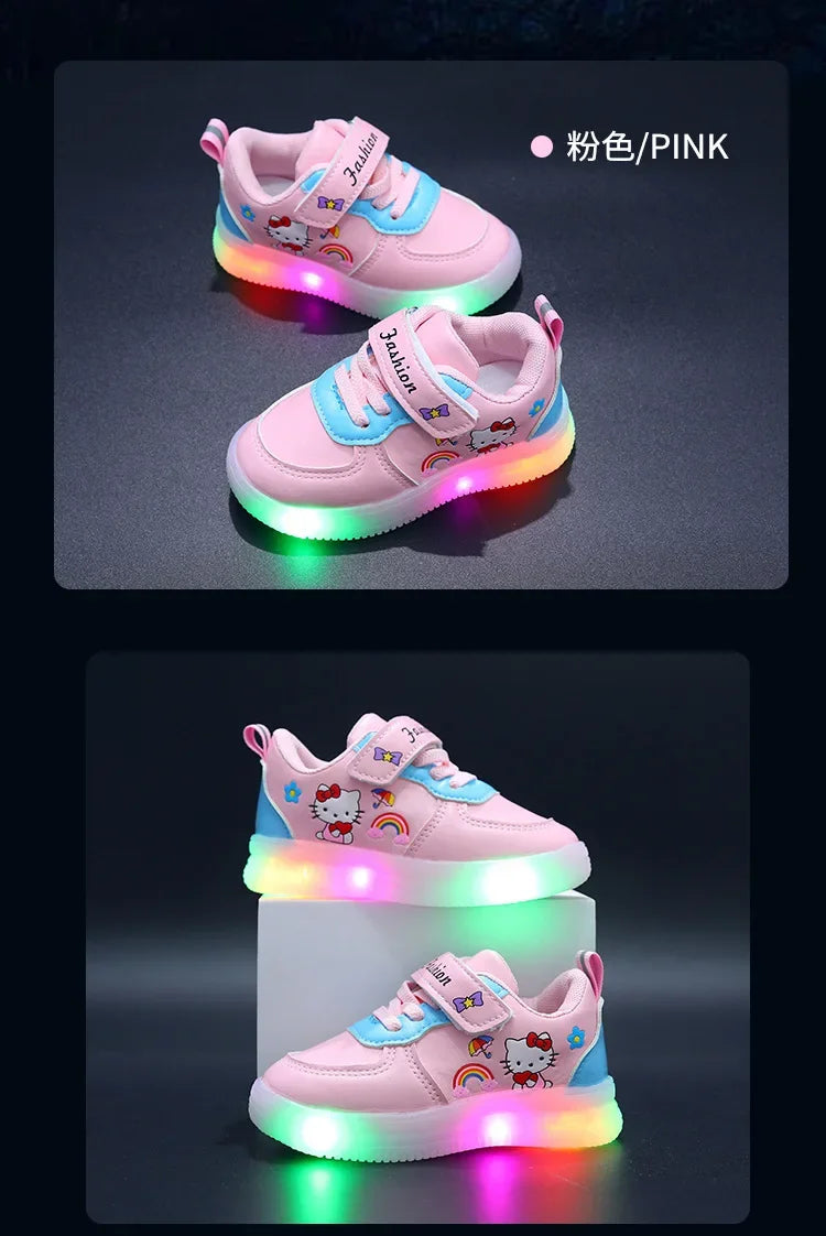 Spring Autumn Baby Girls Hello Kitty Led Light Shoes Children's Sneakers Toddler Anti-slip Walking Shoes Girls Outdoor Shoes