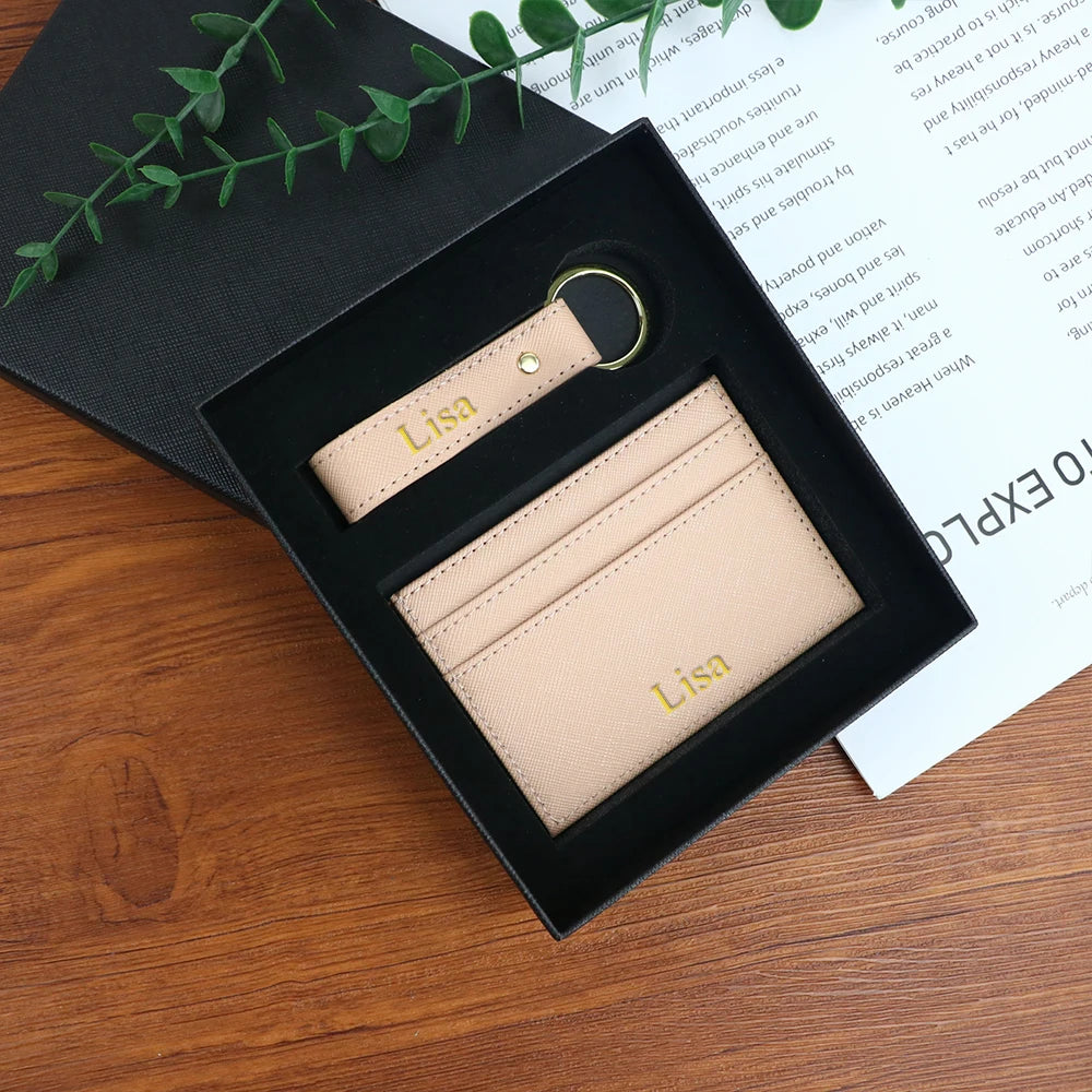 Customized name 1 set of pure color PU leather universal ultra-thin credit card wallet and PU leather keychain gift box set