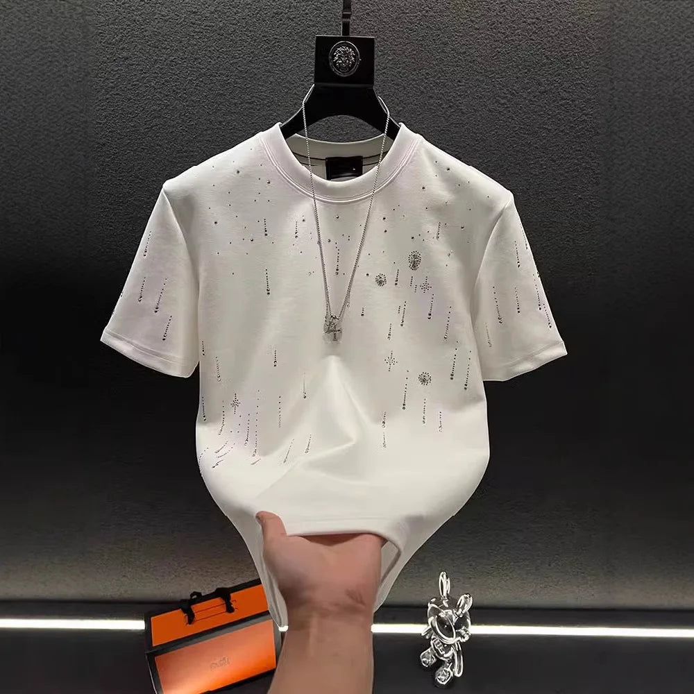 Spring New Heavy Work Light Luxury Custom Short Sleeve T-shirt Top Meteor Full Diamond T-shirt Round Neck Short Sleeve (Available)