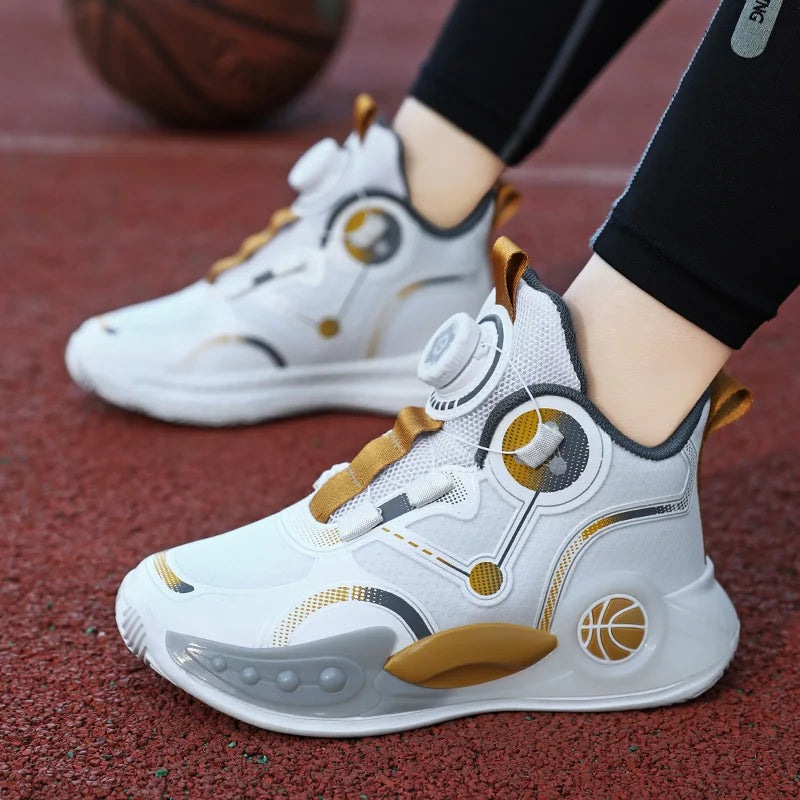 Children Basketball Shoes Boys Sports Comfortable Non Slip Flat Fitness Shoes  New Rotating Button Sports Sneakers for Kids