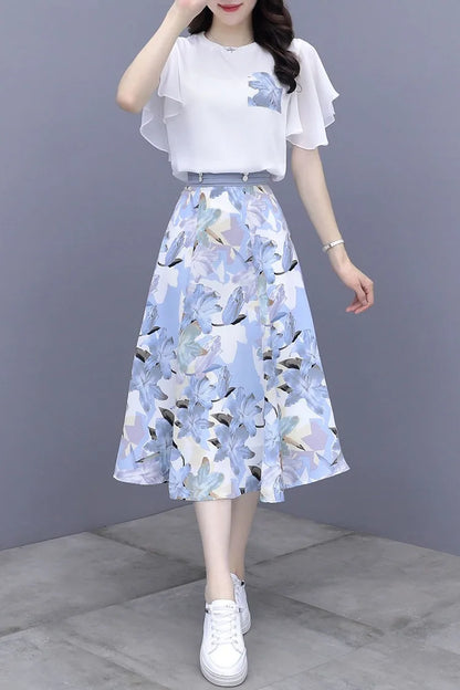 Floral Print Chiffon Dr Set Women's Summer Faion Slimming ular f-length Skirt Two-piece Set round Ne ort Sve