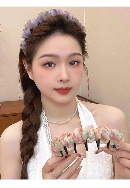 Fashion Lace Mesh Hairband Pleated U Shape Hair Comb Toothed High Cranium Hair Hoop for Women Girls