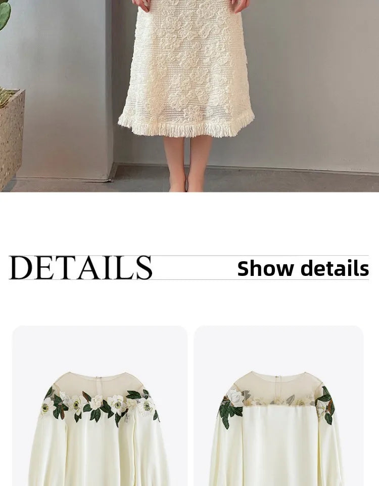 Embroidered Heavy Work Satin Patchwork irt Women's Sle Spring New Arrival Long Sve round Ne Fly Sve Lace Top