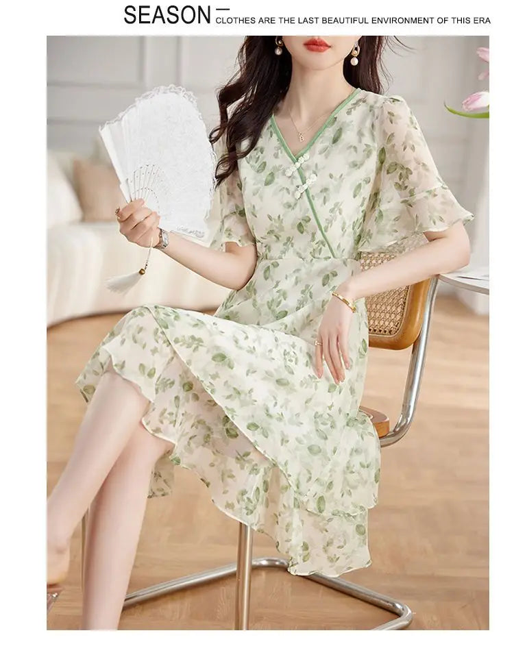 Women's Green Floral Print Chiffon Dress V Neck Ruffle Sleeve Double Layer Hem Casual Midi Dress