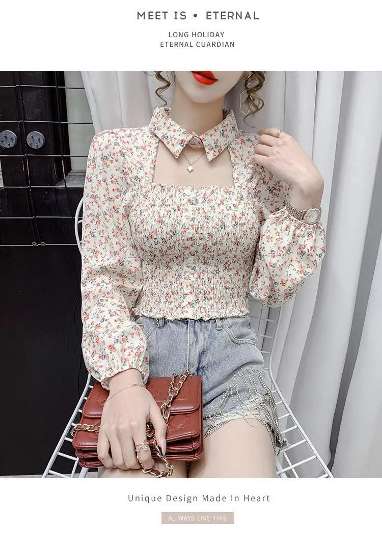 2025 Floral Chiffon Shirt New Spring Summer Women Collect Waist Hollow Out Tops Vintage Blouse Women Longsleeve Short Shirt 3XL