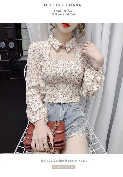 2025 Floral Chiffon Shirt New Spring Summer Women Collect Waist Hollow Out Tops Vintage Blouse Women Longsleeve Short Shirt 3XL