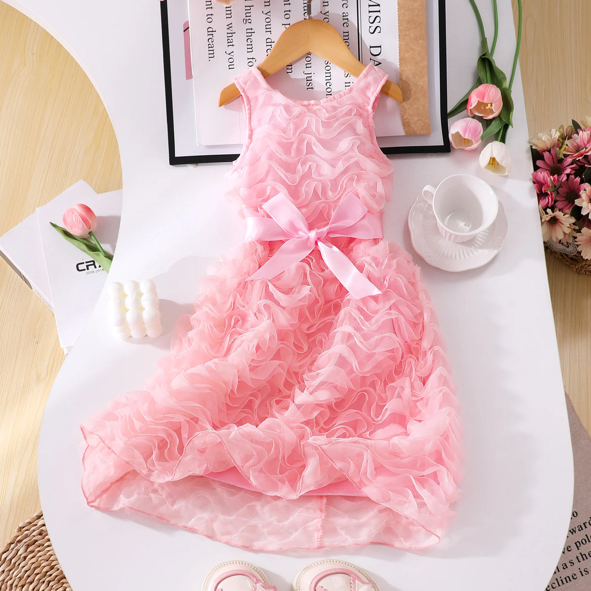 4-7 Years Girls' Birthday Party Dress - Round Collar 3D Ruffled Tulle, Perfect for Evening/Gathering