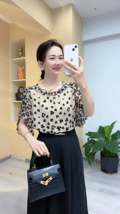 Elegant O-Neck Printed Folds Ruffles Flare Sleeve Blouses Women's Clothing 2024 Summer New Loose Korean Tops Office Lady Shirts