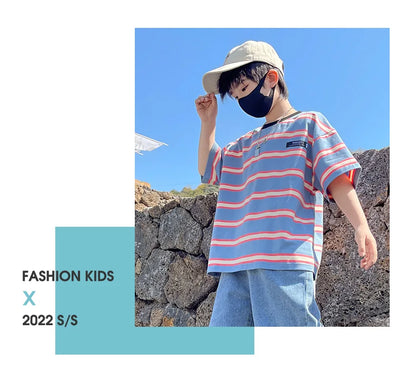 Tween Boy Summer Clothing Set Child Casual Cotton Stripe T-shirt & Denim Shorts 2 Piece Suit Teenage Kids Luxury Clothes Costume