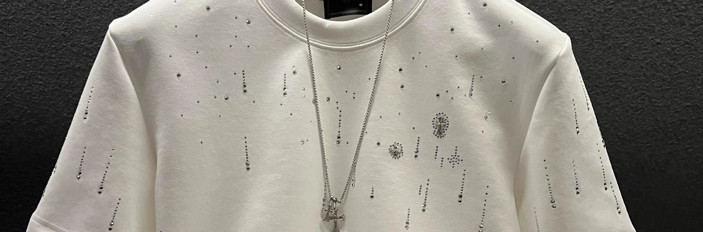 Spring New Heavy Work Light Luxury Custom Short Sleeve T-shirt Top Meteor Full Diamond T-shirt Round Neck Short Sleeve