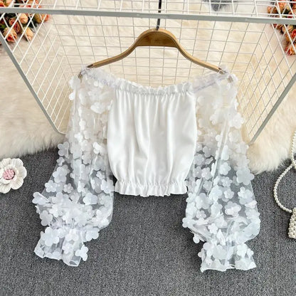 Flower Three-dimensional Decoration Slash Neck Long Sleeve Women's Blouse Shirt Korean Fashion Female Clothing Tops 2024 Summer