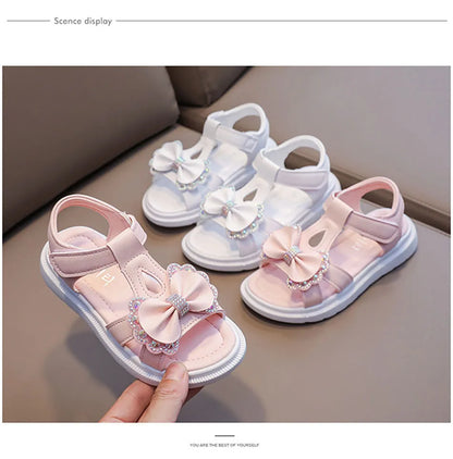 Adorable Elegant Girls Summer Casual Sandals Soft Soled Princess Style Kids Shoes Comfort Breath Anti Slip Magic Strap Closure