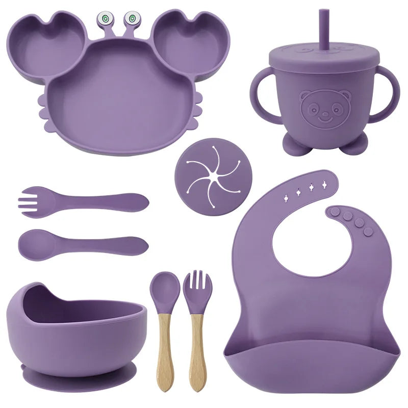 Baby Feeding Set 9PCS Silicone Crab Bowl Plate Spoon Fork Toddler Tableware Kids Dish Infant Utensils