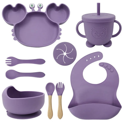 Baby Feeding Set 9PCS Silicone Crab Bowl Plate Spoon Fork Toddler Tableware Kids Dish Infant Utensils