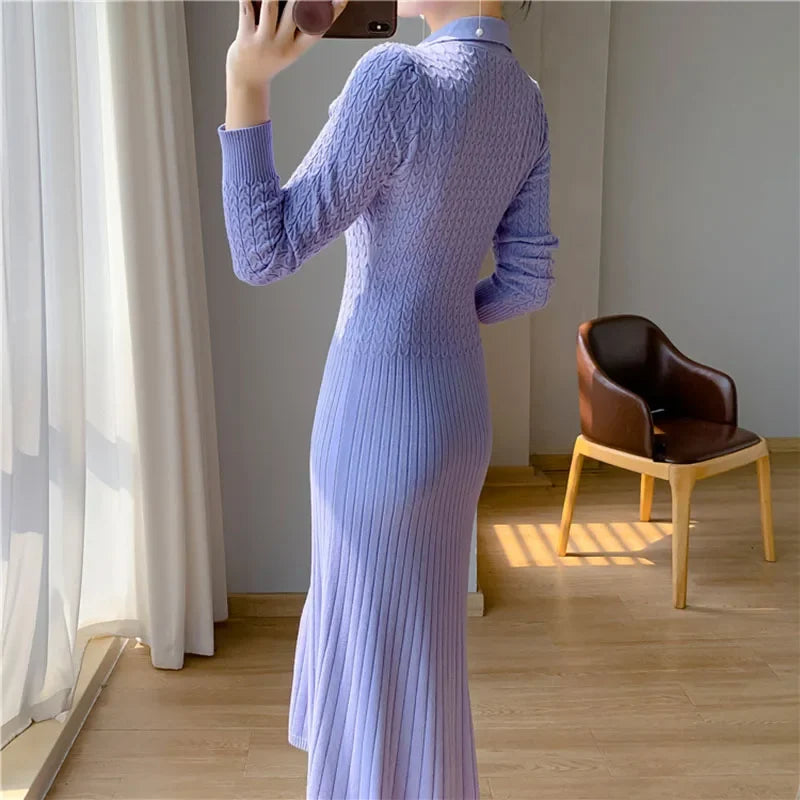Sweater Dress Women New  Autumn Winter Purple White Or Black High Waist A Line Dress Elegant Long Knitted Dress (Available)