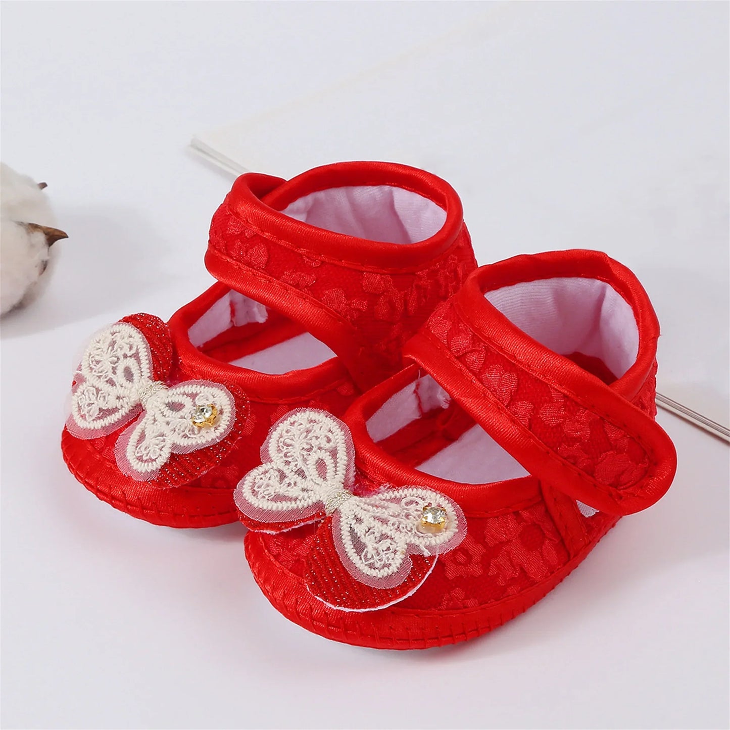 Baby Girls Princess Shoes and Turban Hat Set Bow Decor Lace Soft Non-slip Bottom First Walking Shoes