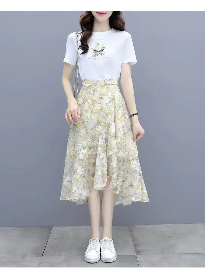 Fashion Printing Irregular Chiffon Skirt Women Summer Thin Slim Elegant Casual Loose All-match Fresh Women's Clothing Skirt