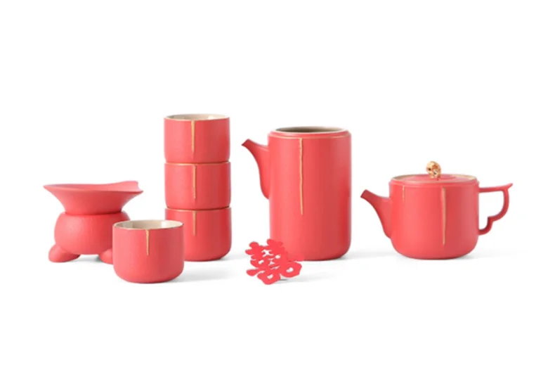 Traditional Chinese Tea Set, Porcelain Teapot, Stainless Steel, Tea Strainer, Cup, Bride and Groom Gifts, Traditional Red, Wed