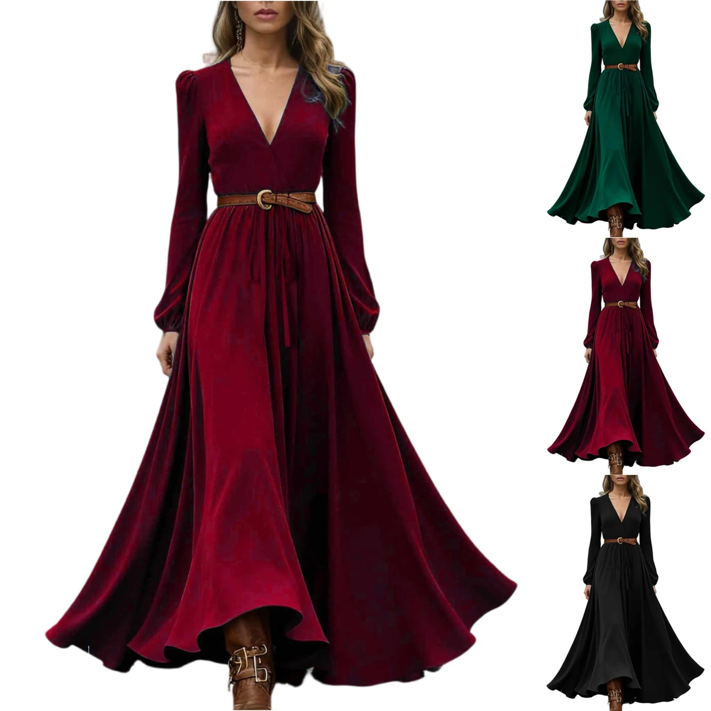 Women's Spring Autumn Retro Western Style V-neck Long Sleeve Dress Fashion Casual Long Dresses Elegant Party Dresses(no belt)