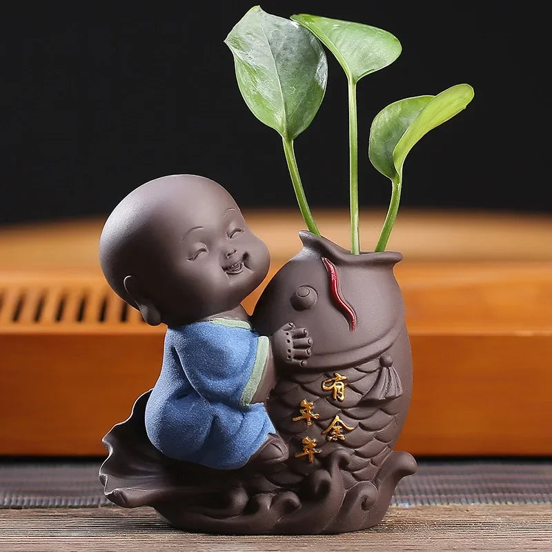 Fortune Lucky Cute The Little Monk Purple Clay Tea Pet Home Decor Mini Water Planting Flower Vase (Available)
