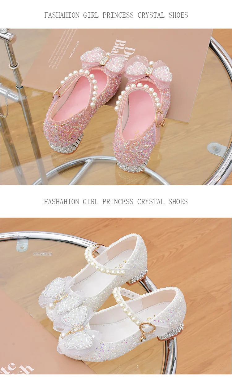 Glitter Girls' Dress Shoe with Wedding Ceremony Party White Sequin Shoes Heeled Children Bow High Heels Girls Shoes Princess New