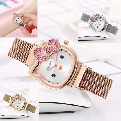 Hello Kitty Cartoon Watch Cute Student Fashion Watch Bow Decoration Quartz Wristwatch Girl Christmas Gift