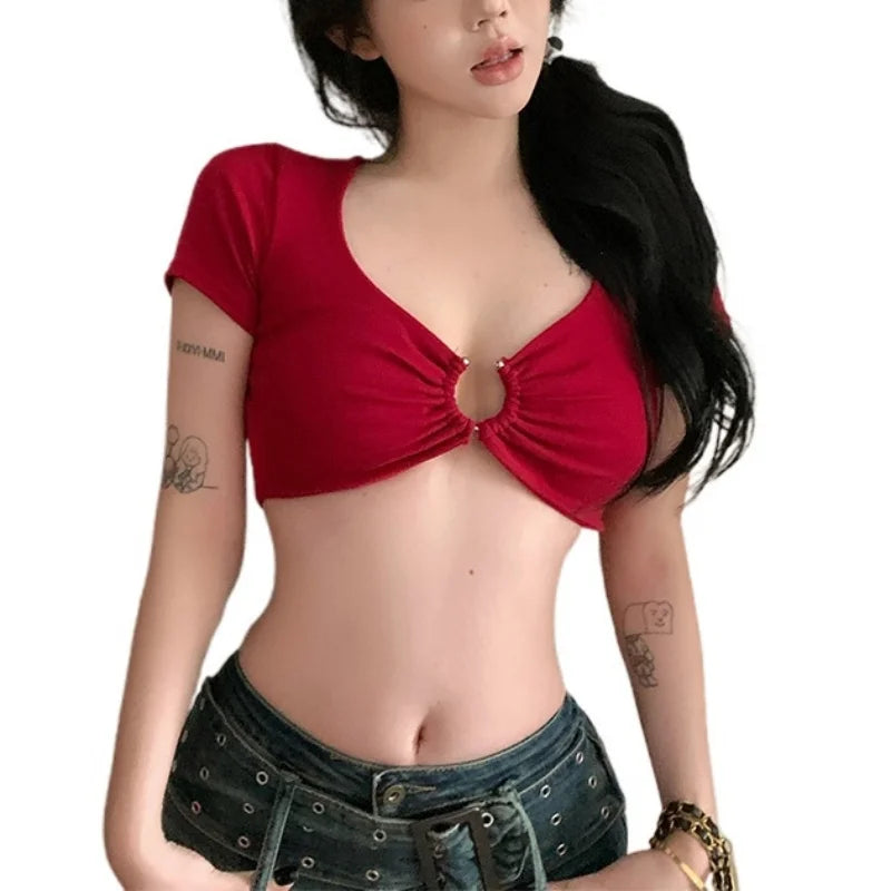 Xingqing Summer Crop Tops y2k Women Sexy Clothes Solid Color Metal Ring Short Sleeve Padded T Shirts 2000s Clothing Streetwear
